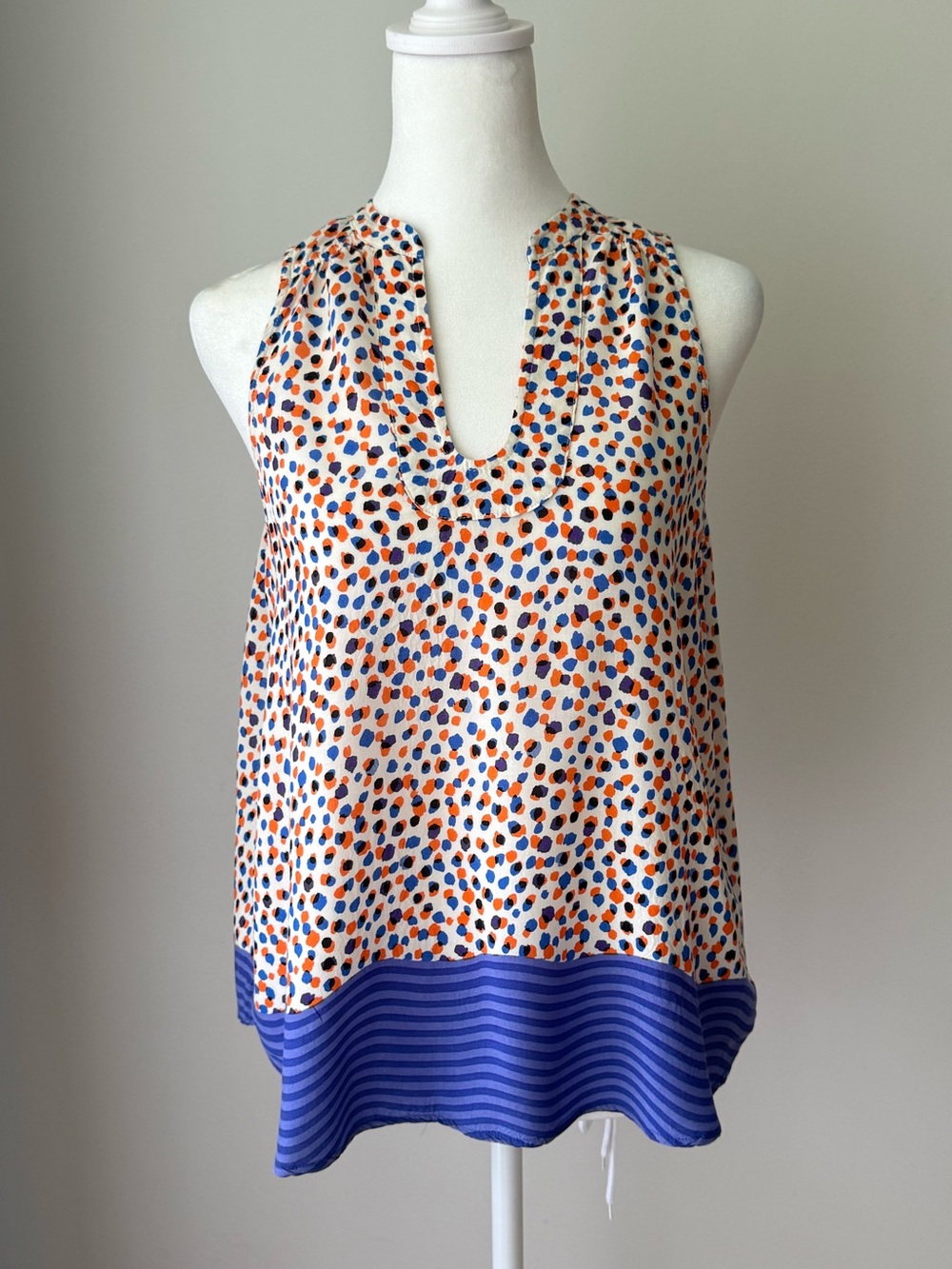 Maeve Anthropologie Sleeveless Blouse Size 2 Blue Orange Dot Print Rayon Top